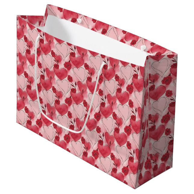 Sacola Para Presentes Grande Crimson Red and Blush Pink Hearts and Roses  (Frente inclinada)