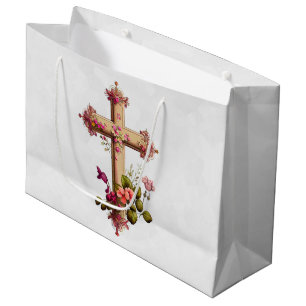 Sacola Para Presentes Grande Cruz Elegante de Madeira com Flores Rosa