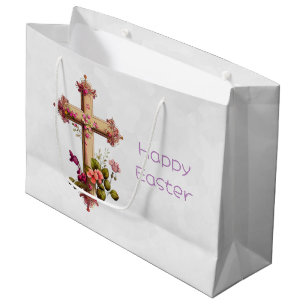 Sacola Para Presentes Grande Cruz Elegante de Madeira com Páscoa de Flores Rosa