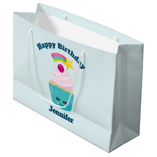 Sacola Para Presentes Grande Cupcake azul bonito com a cara de Kawaii no aniver