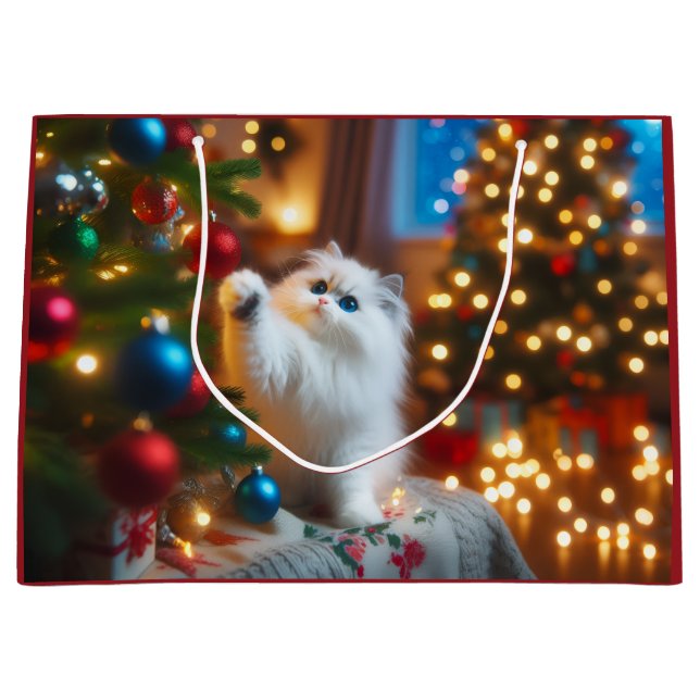 Sacola Para Presentes Grande Curious Kitty Holiday Gift Bag (Frente)