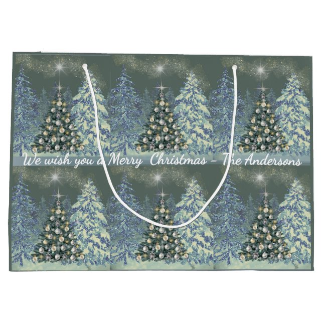 Sacola Para Presentes Grande Custom Christmas Gift Bag Winter Forest Scene (Verso)