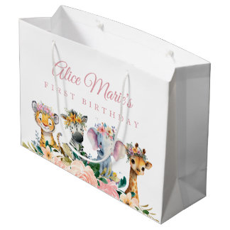 Sacola Para Presentes Grande Custom Name Watercolor Safari Animal Birthday