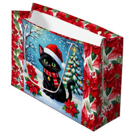 Sacola Para Presentes Grande Cute Black Cat and Poinsettia Christmas