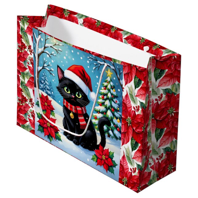 Sacola Para Presentes Grande Cute Black Cat and Poinsettia Christmas (Frente inclinada)