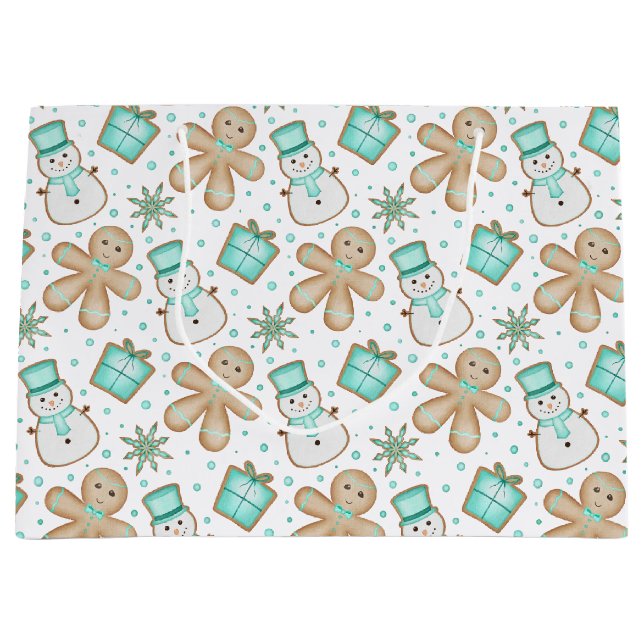 Sacola Para Presentes Grande Cute Blue Festive Christmas Gingerbread (Frente)