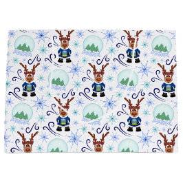 Sacola Para Presentes Grande Cute Blue Kids Christmas Reindeer