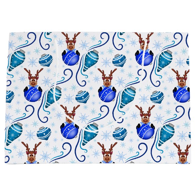 Sacola Para Presentes Grande Cute Blue Kids Christmas Reindeer (Frente)