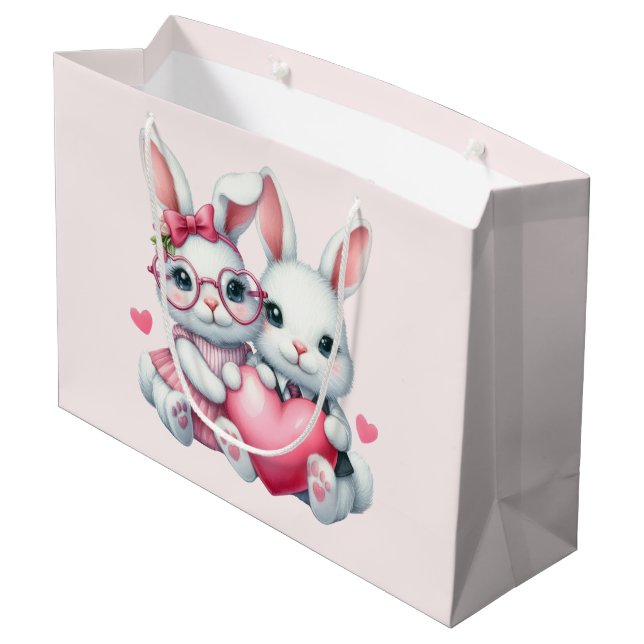Sacola Para Presentes Grande Cute Bunnies Sharing a Heart (Verso inclinado)