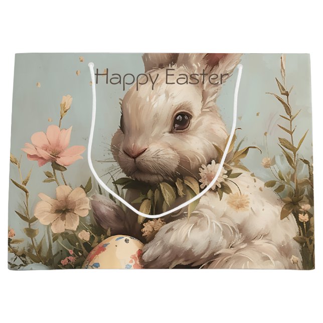 Sacola Para Presentes Grande Cute Bunny Eggs Flowers Easter  (Frente)