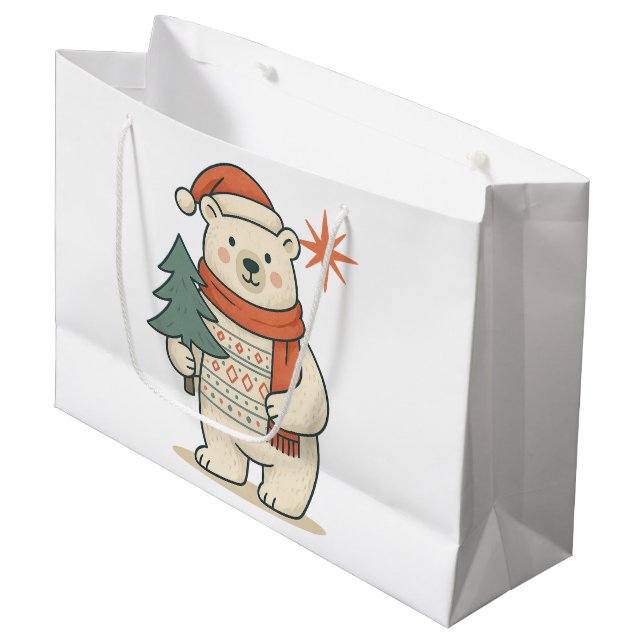 Sacola Para Presentes Grande Cute Christmas Polar Bear Scandinavian Winter  (Frente inclinada)