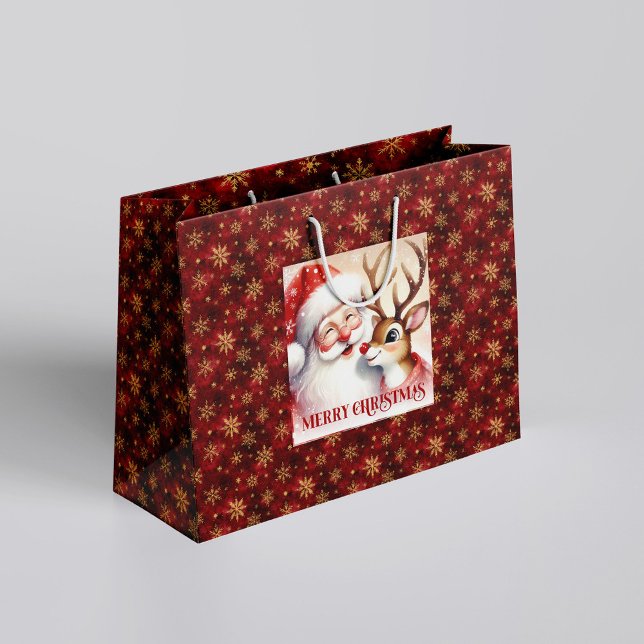 Sacola Para Presentes Grande Cute Classic Santa Rudolph Holiday Gift Bag (Cute Classic Santa Rudolph Holiday Gift Bag)