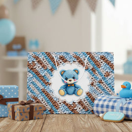 Sacola Para Presentes Grande Cute Crochet Teddy Bear Blue and Brown