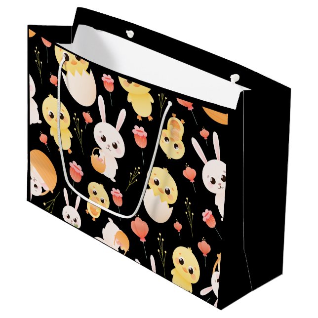 Sacola Para Presentes Grande Cute Easter Chicks & Bunnies Seamless Pattern  (Frente inclinada)