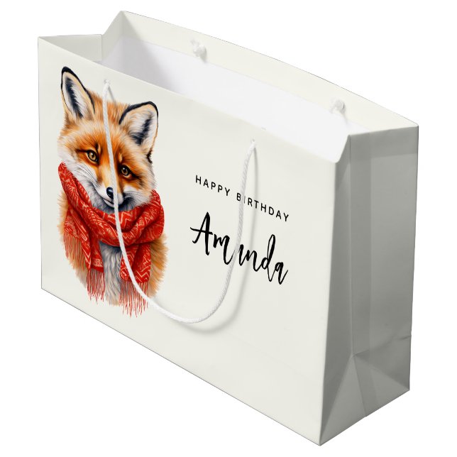 Sacola Para Presentes Grande Cute Fox in a Red Scarf Autumn Image Birthday (Verso inclinado)