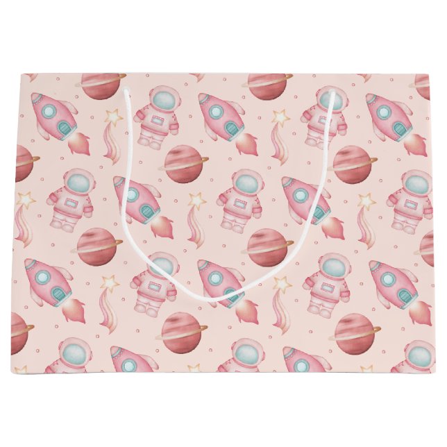 Sacola Para Presentes Grande Cute Girls Space Birthday Pink Astronaut (Frente)