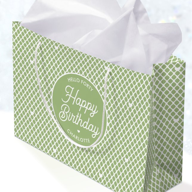 Sacola Para Presentes Grande Cute Happy Birthday Name Any Age Green Modern (Criador carregado)