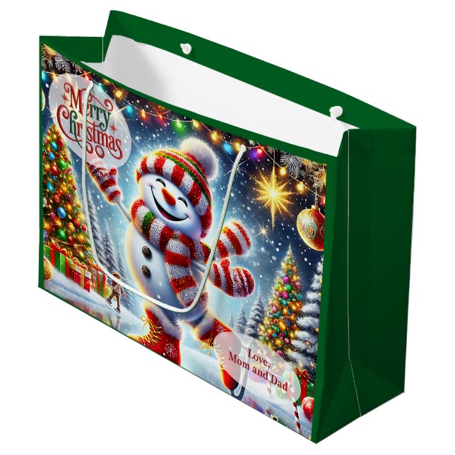 Sacola Para Presentes Grande Cute Ice Skating Snowman Christmas (Frente inclinada)