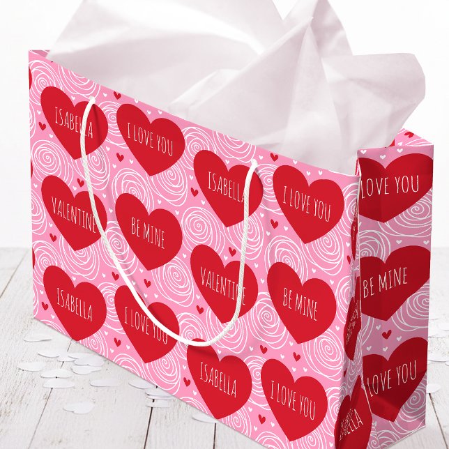 Sacola Para Presentes Grande Cute Love Heart Custom Text Modern Valentine's Day (Criador carregado)