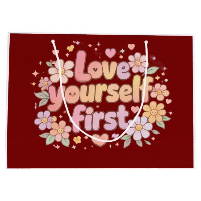 Sacola Para Presentes Grande Cute Love Yourself Floral Quote Design | Gift Bag (Verso)