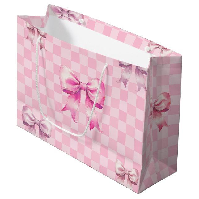 Sacola Para Presentes Grande Cute Pink Ribbon and Gingham Sweet Girly Pattern (Frente inclinada)