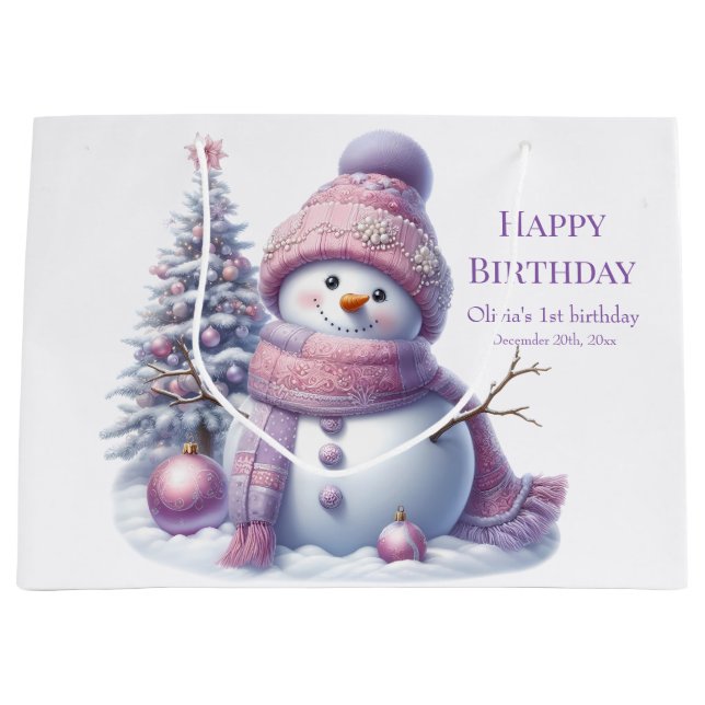 Sacola Para Presentes Grande Cute Pink Snowman Winter Birthday (Frente)