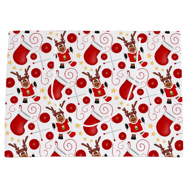 Sacola Para Presentes Grande Cute Red Kids Christmas Reindeer (Frente)
