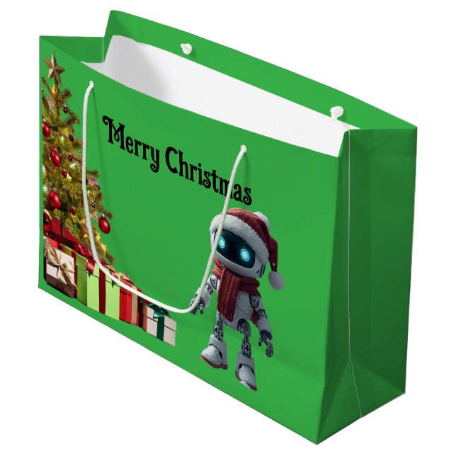 Sacola Para Presentes Grande cute robot Christmas holiday tech Gift Bag (Frente inclinada)