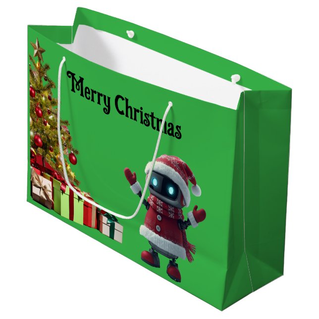 Sacola Para Presentes Grande cute robot Christmas holiday tech Gift Bag (Frente inclinada)