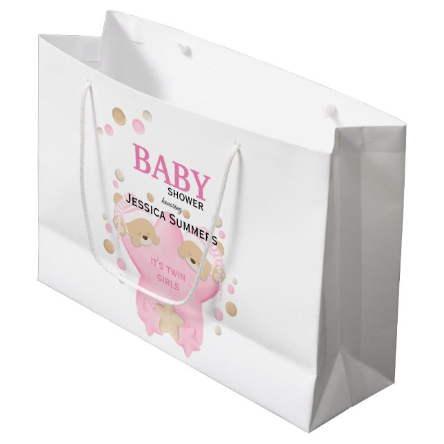 Sacola Para Presentes Grande Cute Sleeping Teddy Bear Twin Baby Girls Shower La (Frente inclinada)