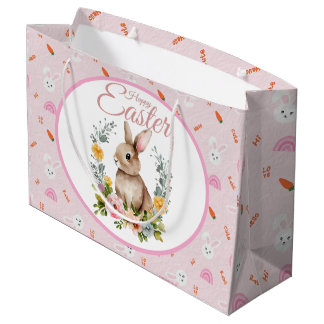 Sacola Para Presentes Grande Cute Watercolor Bunny Floral Wreath Easter