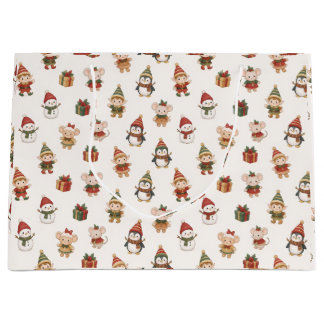 Sacola Para Presentes Grande Cute Watercolor Christmas Pattern - Elves Penguins