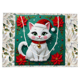 Sacola Para Presentes Grande Cute White Cat and Poinsettia Christmas