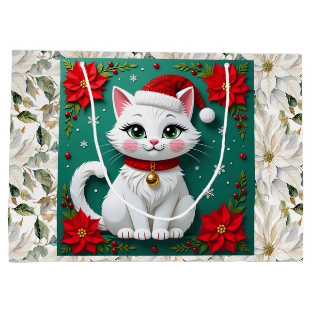 Sacola Para Presentes Grande Cute White Cat and Poinsettia Christmas (Verso)