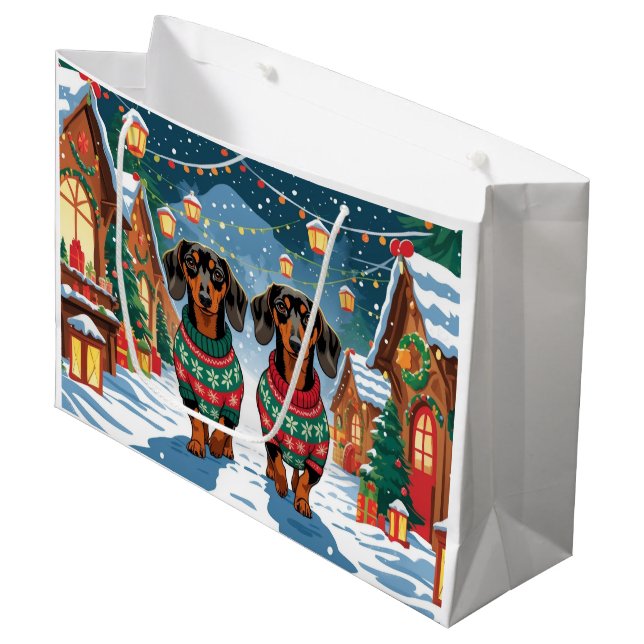 Sacola Para Presentes Grande Dachshund Dogs Christmas Snow Holiday (Frente inclinada)