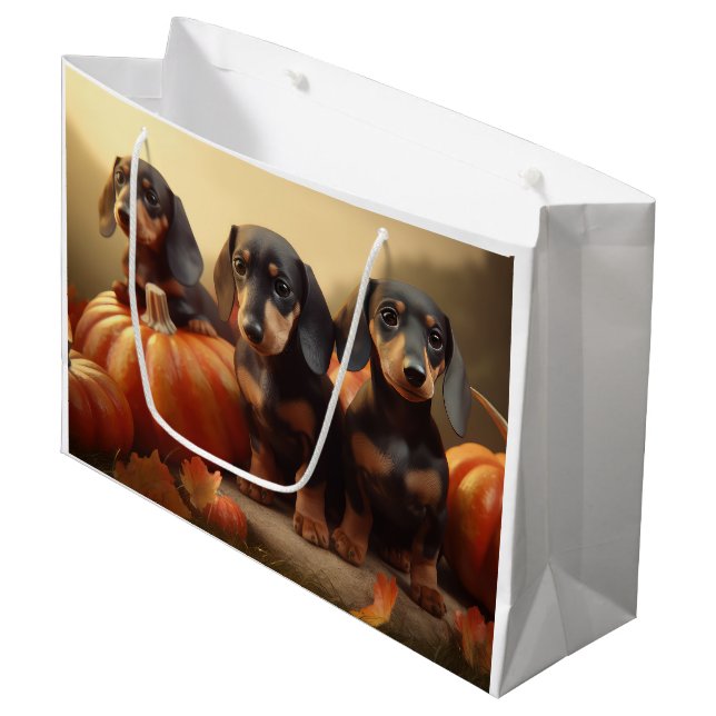 Sacola Para Presentes Grande Dachshund Puppy Autumn Delight Pumpkin (Frente inclinada)
