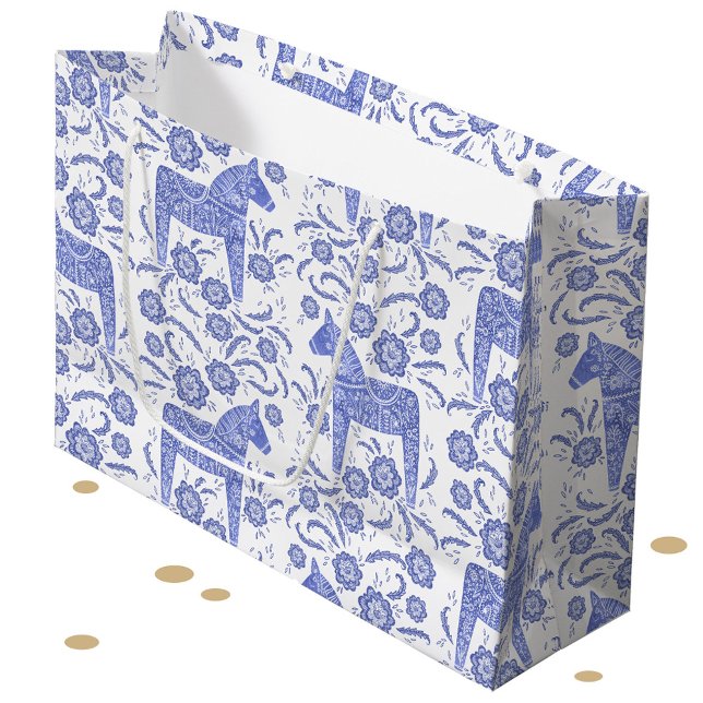 Sacola Para Presentes Grande Dala Horse Blue e White Large Gift Bag (Swedish Dala Horse blue and white gift bag)