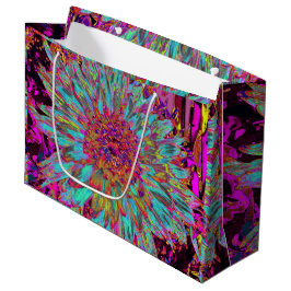 Sacola Para Presentes Grande Dália Decorativa do Abstrato Azul-Teal Psicodélico