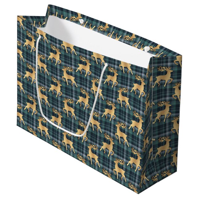 Sacola Para Presentes Grande Dark Blue Plaid with Faux Gold Reindeer Holiday (Frente inclinada)