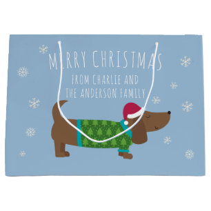 Sacola Para Presentes Grande Daschund e Snowflakes Blue Cartoon