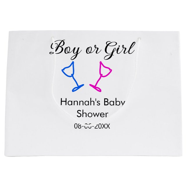 Sacola Para Presentes Grande Data do nome do chá de fraldas rosa ou azul (Frente)