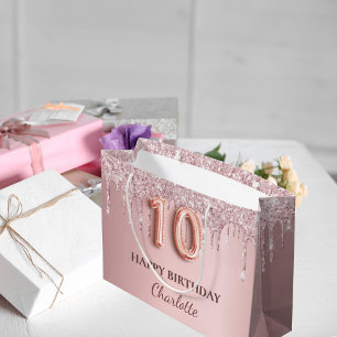 Sacola Para Presentes Grande Décimo aniversário, blush pink glitter nome