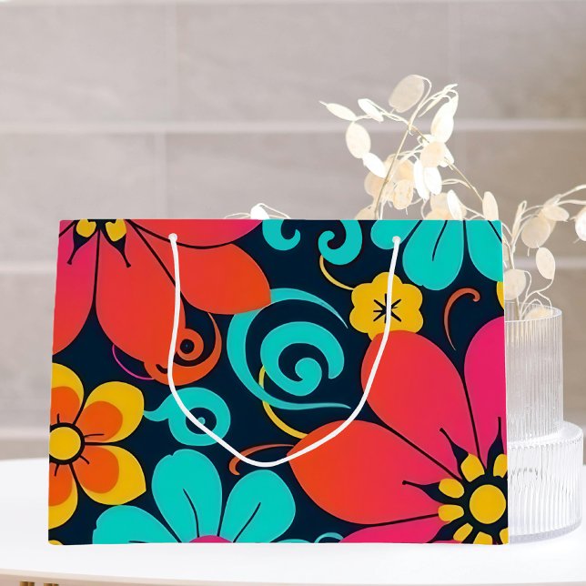 Sacola Para Presentes Grande Decoração da dopamina - Flores Brilhantes - Retro (Bright Funky Flowers-Retro- Dopamine Style Gift Bag)
