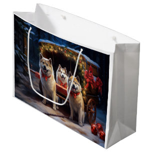 Sacola Para Presentes Grande Decoração de Natal Akita Snowy Sleigh Ride