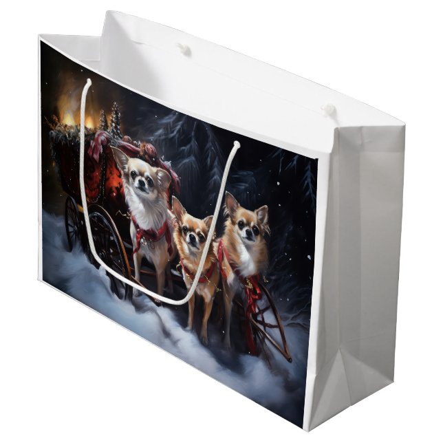 Sacola Para Presentes Grande Decoração de Natal Chihuahua Snowy Sleigh (Frente inclinada)