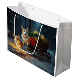 Sacola Para Presentes Grande Decoração de Natal de Corgi Snowy Sleigh