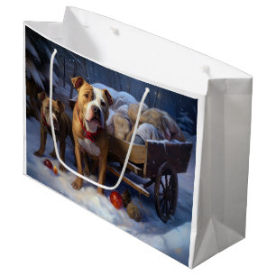 Sacola Para Presentes Grande Decoração de Natal Pitbull Snowy Sleigh