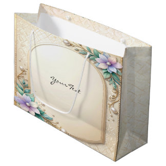Sacola Para Presentes Grande Decorative Floral Frame with Pearls Gift Bag