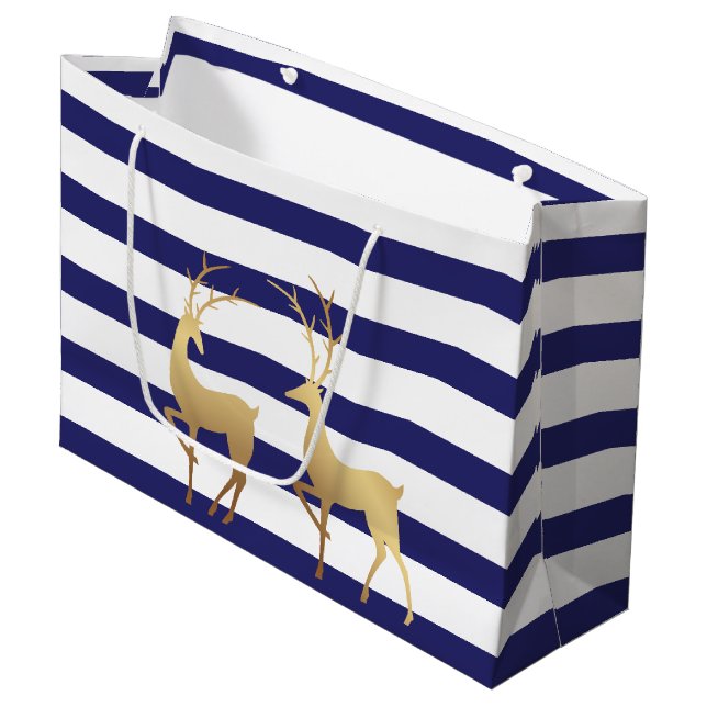Sacola Para Presentes Grande Deep Blue Strips Dourado Moderno (Frente inclinada)