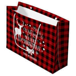 Sacola Para Presentes Grande Desejo-Te Feliz Natal Monograma de Buffalo Vermelh